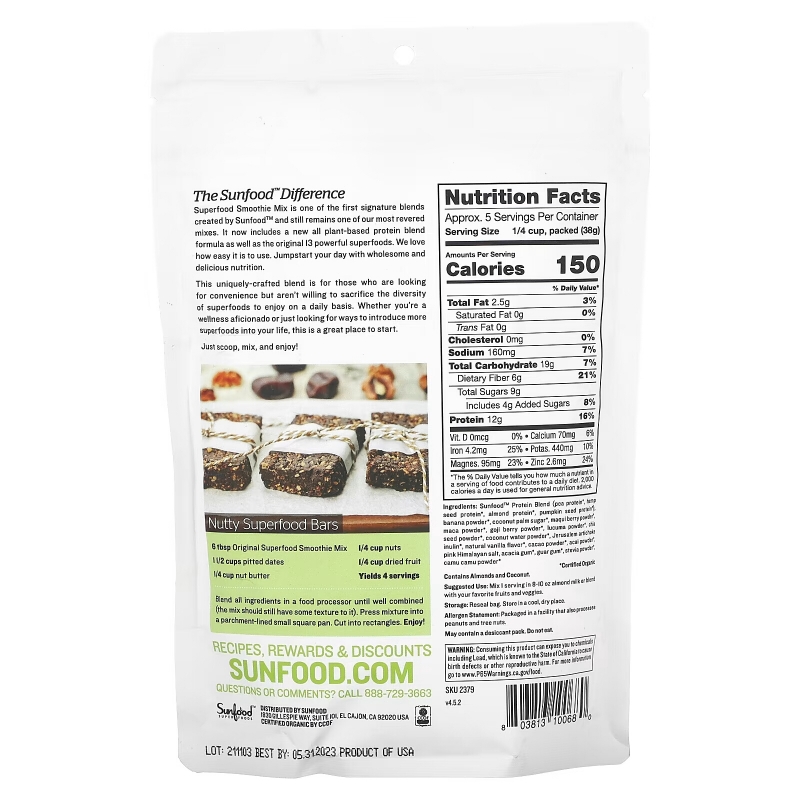 Sunfood Raw Organic Superfood Smoothie Mix 8 oz (227 g)