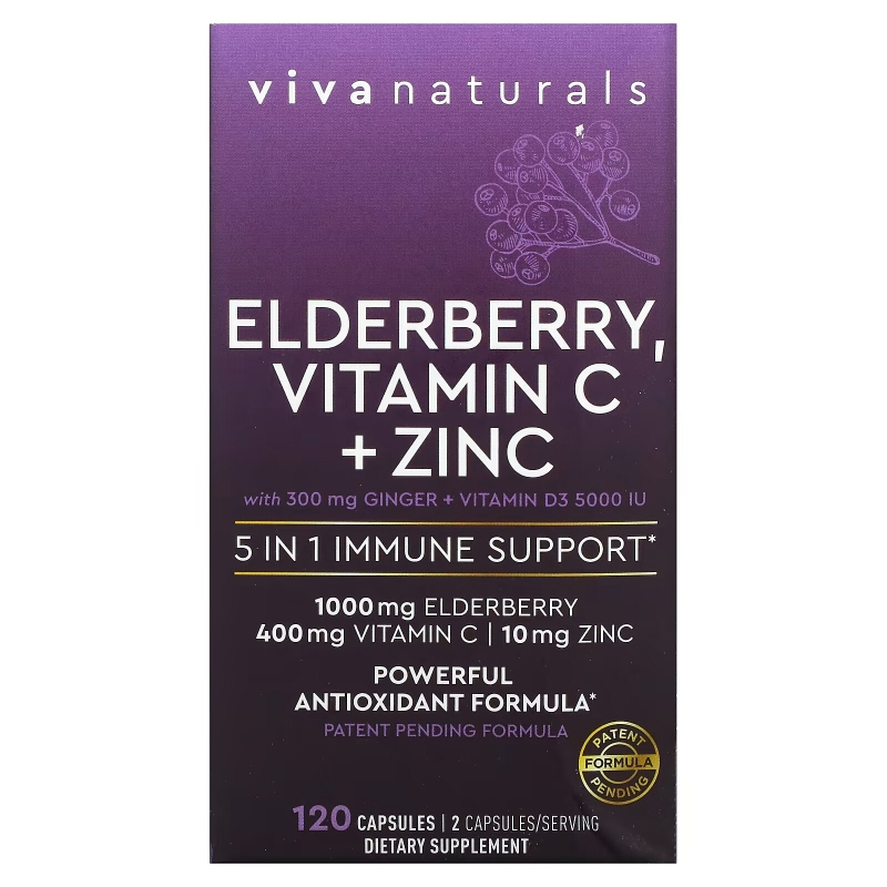 Viva Naturals, Elderberry, Vitamin C + Zinc, 5 in 1 Immune Support, 120 Capsules