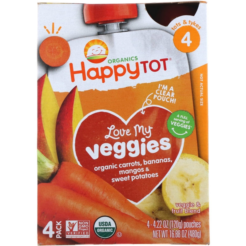 Nurture Inc. (Happy Baby), Organics, Love My Veggies, Carrot, Banana, Mango & Sweet Potato, 4 Pouches - 4.22 oz (120 g) Each