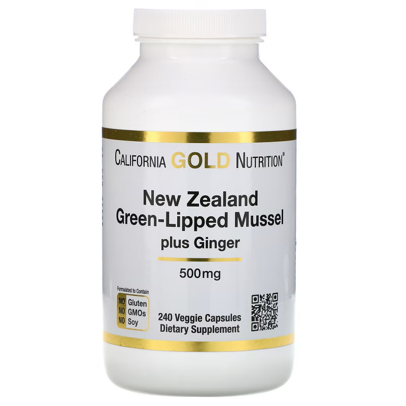 California Gold Nutrition New Zealand Green-Lipped Mussel Plus Ginger 500 mg 240 Veggie Caps