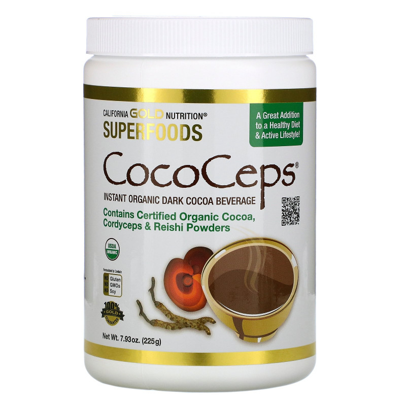 California Gold Nutrition, CocoCeps, растворимый органический темный какао напиток, 225 г